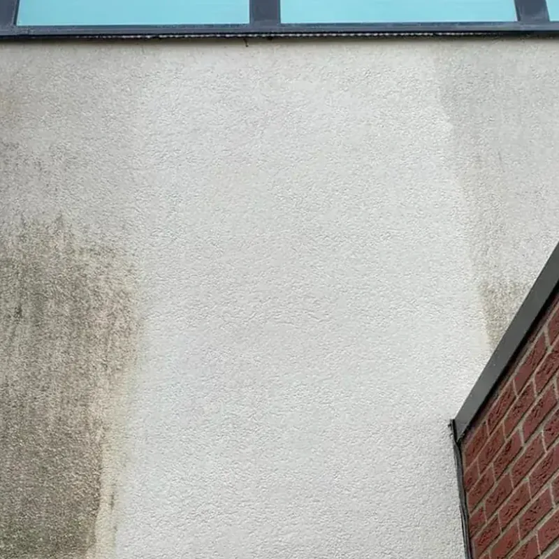 Grauwe vervuiling op een crepigevel naast een gereinigd vlak