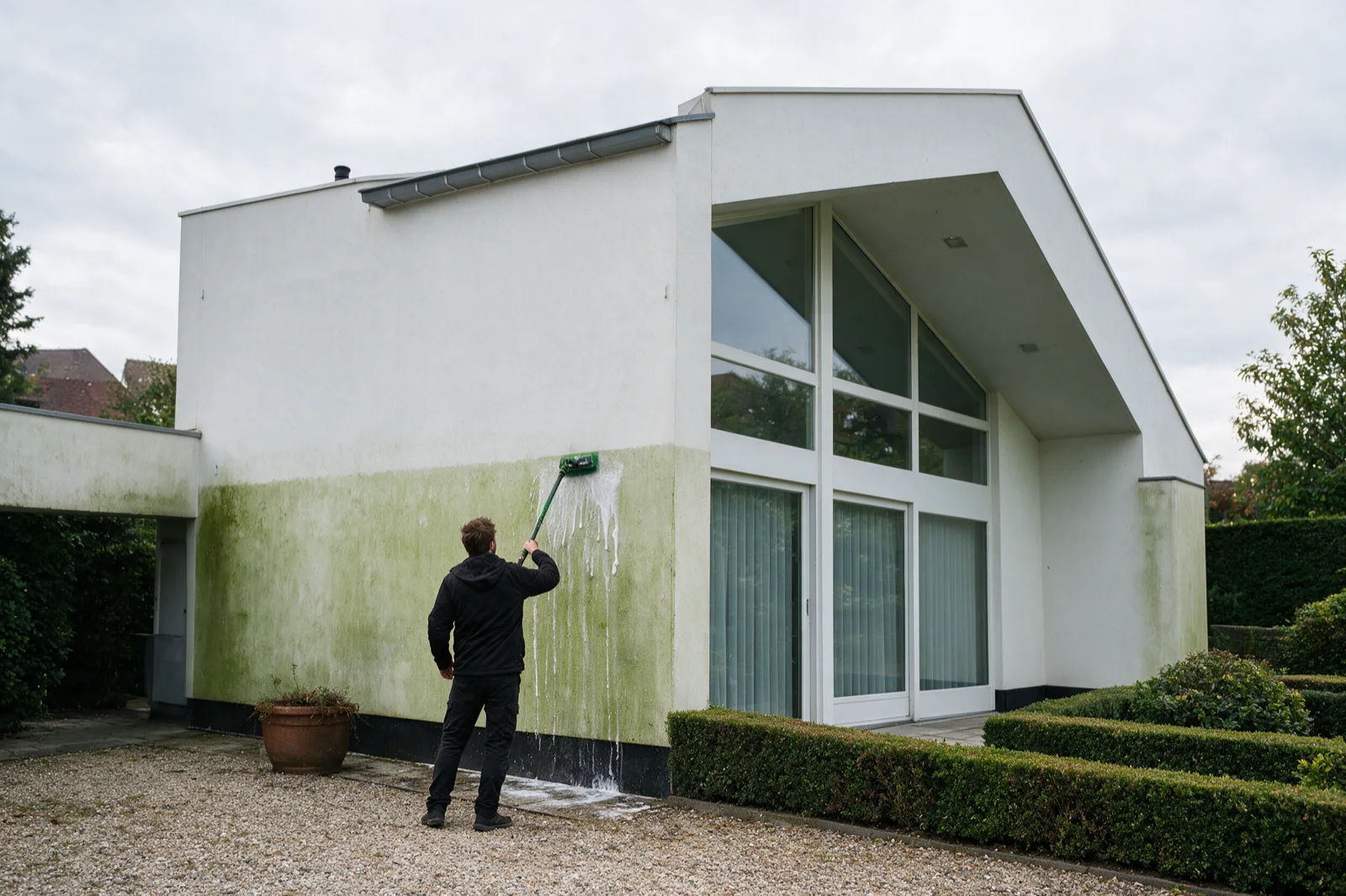 Crepigevel tijdens de behandeling: links nog groen, rechts al gereinigd