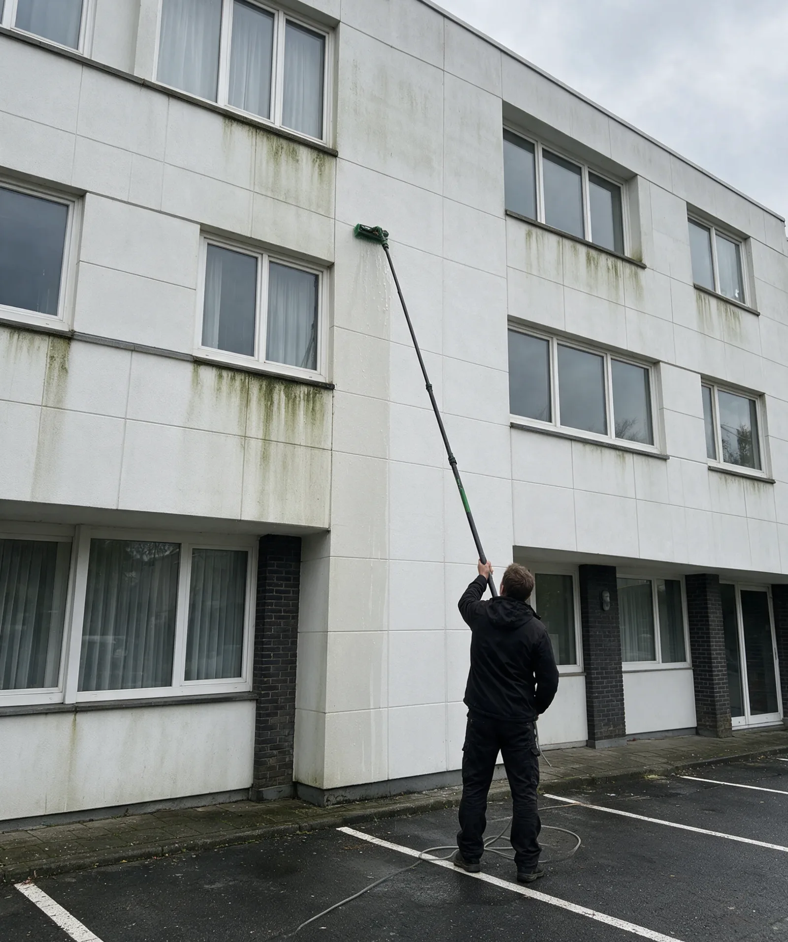 Appartementsgebouw met groene strepen op de gevelvlakken, tijdens de reiniging