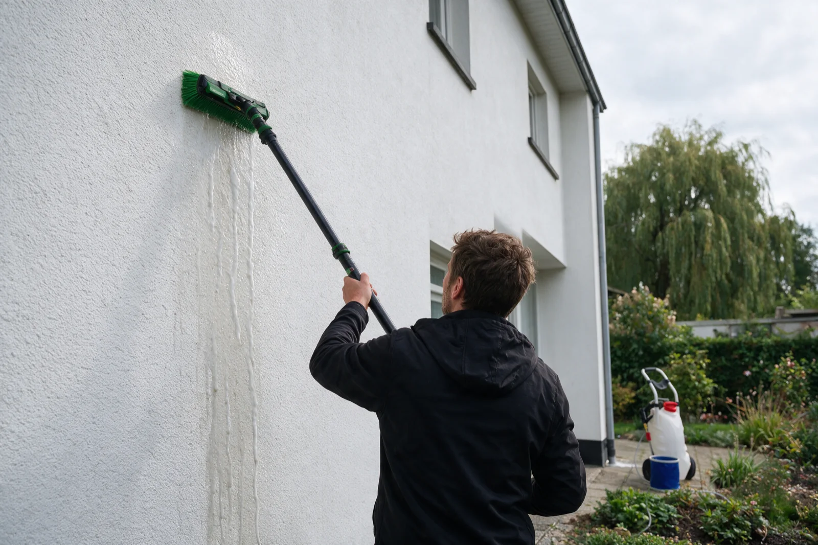 Medewerker reinigt een witte crepigevel met de zachte borstel